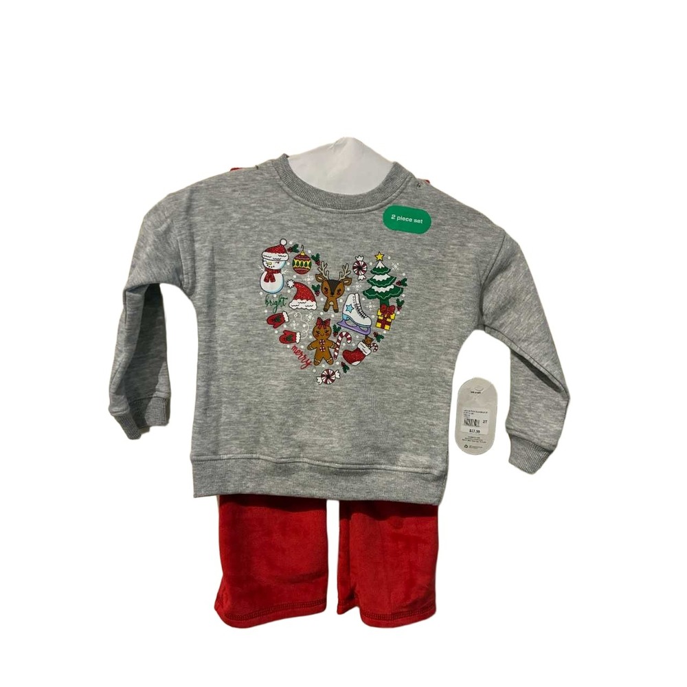 BCG Girls Christmas‎ Fleece Crew 2PC Set Grey Heather Red Toddler 2T NWT
